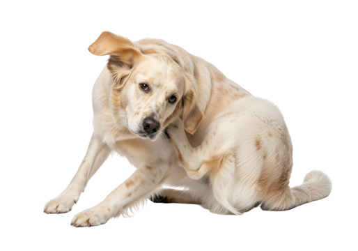 A light cream-colored dog sits with its head down, scratching itself, against a stark black background.