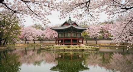Cherry blossoms and traditional asian pavilion by a pond