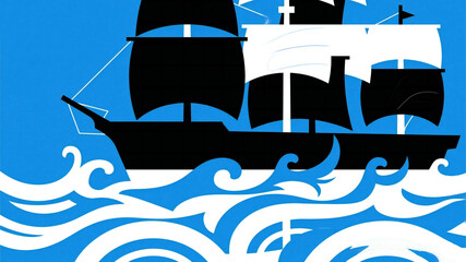 Columbus Day Majestic tall ship with black and white sails navigates dynamic blue and white ocean waves under a clear sky, evoking adventure and exploration