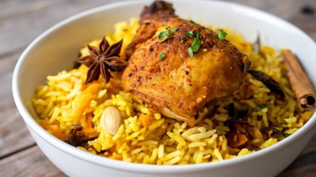 Delicious Golden Rice Bowl with Spiced Chicken Thigh Cinnamon Star Anise and Herbs on Rustic Brown Wooden Surface