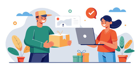 Delivery person hands a package to a woman using a laptop for online shopping confirmation