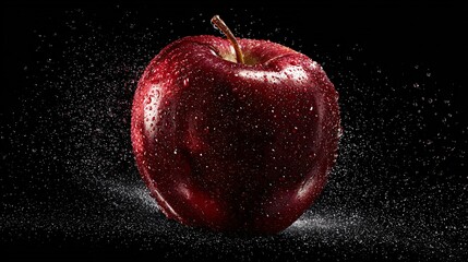 Red Apple with Water Splash and Droplets on Black Background