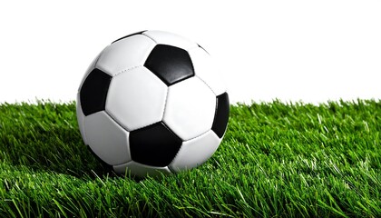 Fototapeta premium Classic black and white soccer ball resting on green grass with white background, symbolizing global sport and outdoor activity.