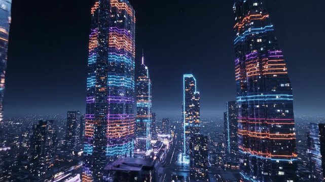 A stunning aerial view of a futuristic cyberpunk city at night with massive skyscrapers illuminated by vibrant and colorful neon lights and digital advertisements

