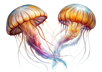 Two jellyfish with long tentacles are floating in the water  isolated on white background ,PNG. AI Generated
