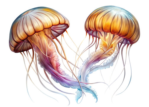 Two jellyfish with long tentacles are floating in the water isolated on white background ,PNG. AI Generated
