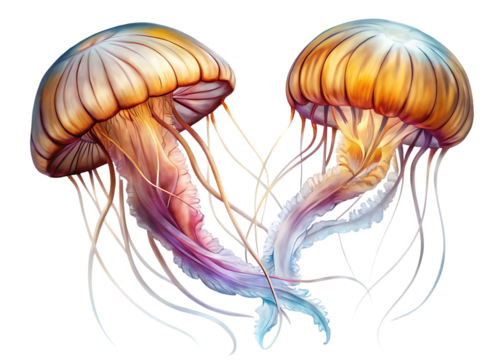 Two jellyfish with long tentacles are floating in the water  isolated on white background ,PNG. AI Generated
