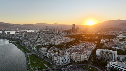 Obraz premium Izmir sunrise view - High quality drone shot of Izmir city at sunrise