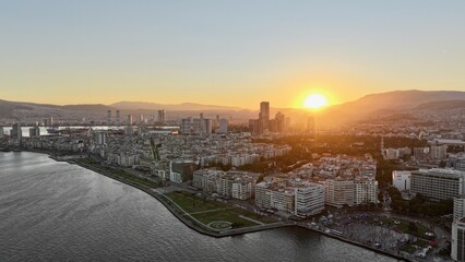 Izmir sunrise view - High quality drone shot of Izmir city at sunrise