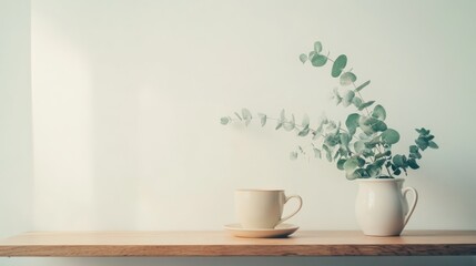 Eucalyptus branches and coffee cup