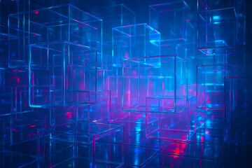 Fototapeta premium Abstract 3D cube maze with neon reflections and volumetric light 