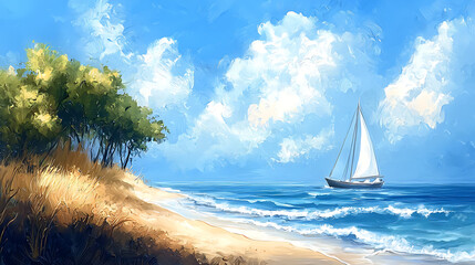 A painting of a sailboat on a beach with a cloudy sky in the background