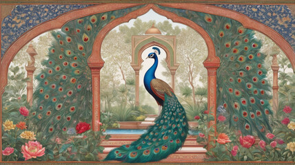 A richly painted Mughal garden scene with a vibrant peacock, in the traditional and artistic Pichwai style.