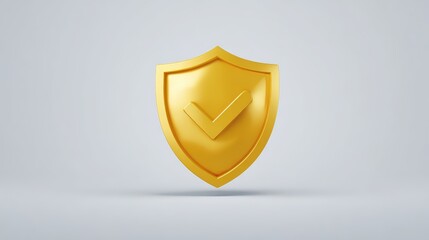 Golden Shield with Check Mark: 3D Rendering Symbolizing Trust and Quality
