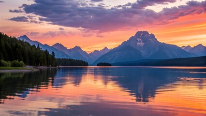 Serene Lake at Sunset: The tranquil surface of the lake mirrors the stunning sunset, with majestic mountains in the distance, as nature unfolds.