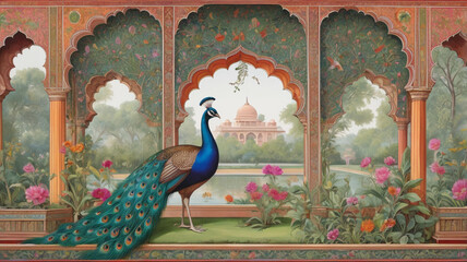 An ornate and detailed traditional artwork of a peacock in a Mughal garden, perfect for a luxurious high-resolution wallpaper.