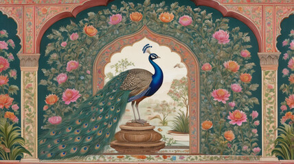 An elegant and ornate traditional artwork of a peacock in a Mughal garden, perfect for a luxurious high-resolution wallpaper.