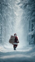 Santa Claus walking through a snowy forest path with a large sack on his back during a winter evening