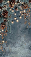 Golden Lights and Festive Greenery on Dark Background