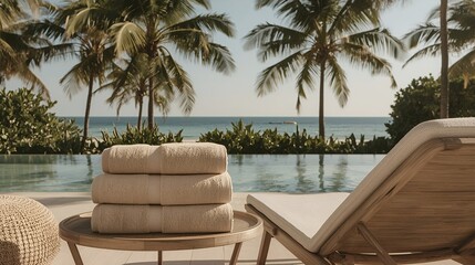 Photorealistic image of a matte light brown towel set on a small table next to a sun lounger, tropical beach with palms and ocean in the background.