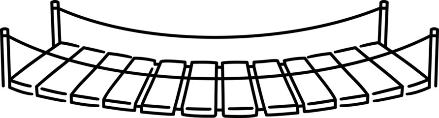 Simple black and white line drawing of a wooden suspension rope bridge. Vector clipart illustration. © sudowoodo