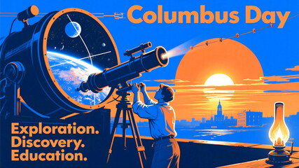 Columbus Day Inspiring Columbus Day scene with explorer observing Earth through telescope, celebrating exploration, discovery, and education under a vibrant sunset sky.