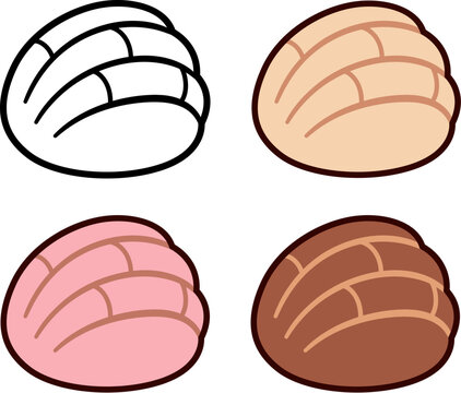 Concha, traditional Mexican sweet bread (pan dulce) set. Black and white line icon, chocolate, strawberry and vanilla flavors. Simple cartoon vector illustration.
