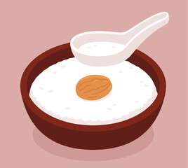 Kayu (Okayu), traditional Japanese rice porridge with umeboshi pickled plum. Cartoon vector clip art illustration.