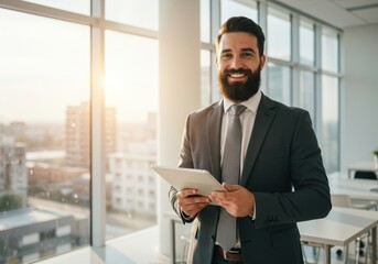 Fototapeta premium Smiling businessman in a suit holding a tablet device by a large window with city views bathed in sunlight