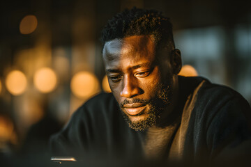 Man unlocking his smartphone with facial recognition app in cafe. Biometric verification