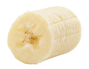 Single Apple Banana Cut in Half Showing Creamy Flesh, Close-Up, Isolated PNG
