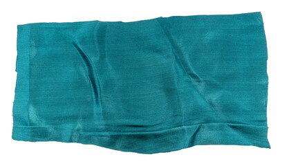 A piece of torn blue satin fabric on a white background. Isolate a crumpled piece of fabric