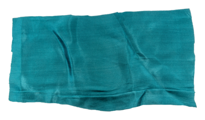 A piece of torn blue satin fabric on a white background. Isolate a crumpled piece of fabric