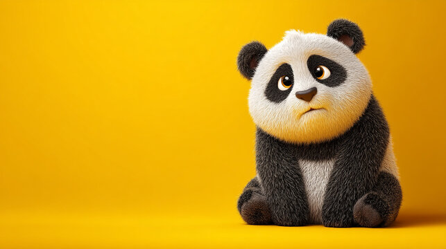A cartoon panda bear sitting on a yellow background with a slightly sad expression on its face