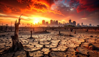 Drought Landscape with City Skyline with Climate Change, and Sunset.