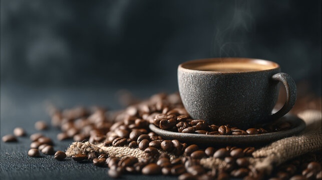 A cup of coffee on a saucer surrounded by coffee beans on a burlap sack with steam rising up