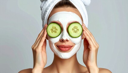Smiling woman with a towel on her head enjoying a spa day with a facial mask and cucumber slices on her eyes.