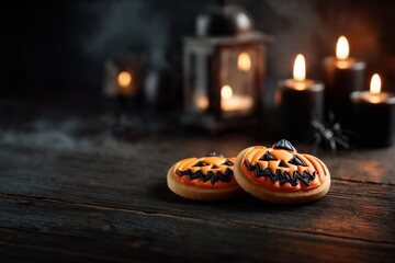 Macabre munchies: enchanting halloween cookies with a grim touch. Thriller poster. Enigmatic pumpkin cookies: a ghostly display of candlelit wickedness. Hero poster. Cinema artwork.