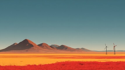 Naklejka premium Three Colorful Wind Turbines on a Flat Desert Landscape under a Bright Blue Sky