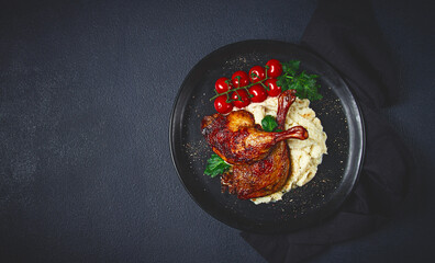 Fried duck shank, cauliflower puree, cherry tomatoes, homemade, no people,