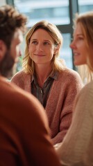 Woman listening to couple during therapy session