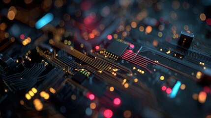 Electronic Circuit Board with Bokeh: Futuristic Technology Background