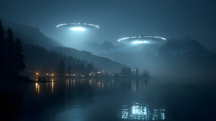 Ufo sighting over mountain lake at night extraterrestrial phenomenon alien invasion flying saucers mystery