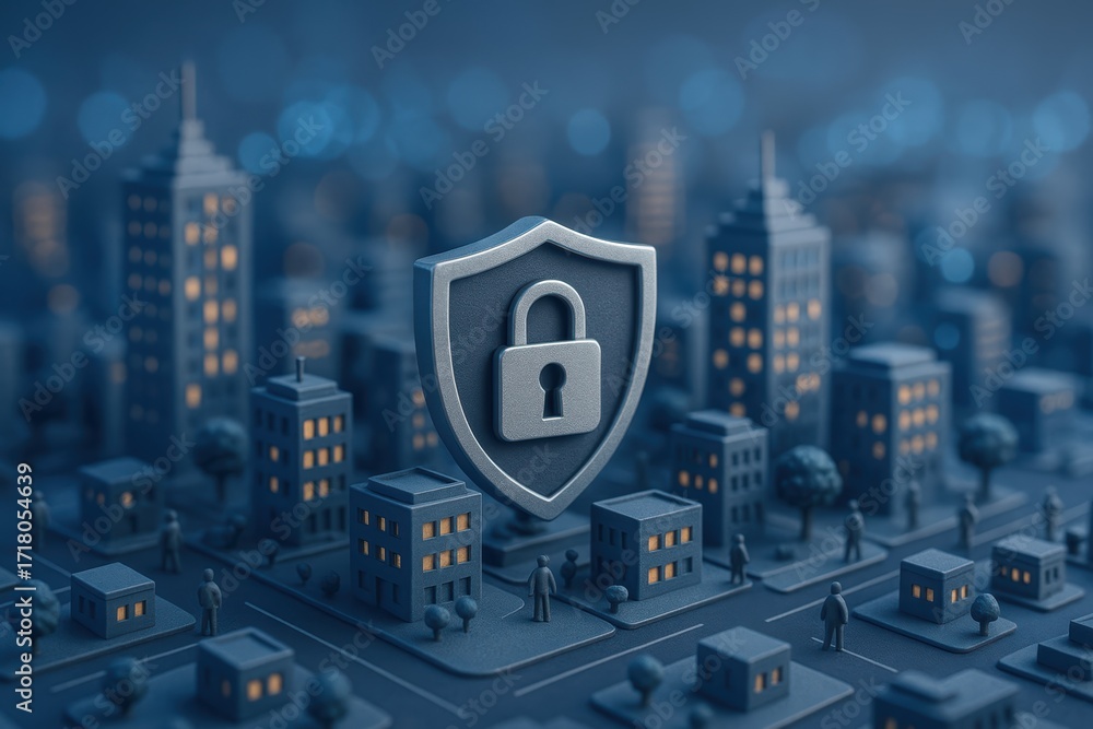 Poster cybersecurity shield: a modern cityscape, protected by a glowing shield with a prominent lock icon. 