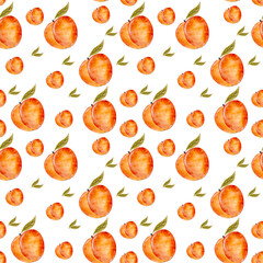 A watercolor painting of a bunch of peach with green leaves. The peach are arranged in a pattern, with some overlapping and others standing alone. The overall mood of the painting is brig