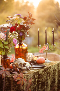 Fall themed holiday table setting arrangement for a seasonal party, glasses, pumpkins, candles, field flowers. Halloween table in the garden with scull and autumn flowers vertical photo