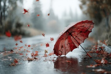 Abandoned red umbrella catching autumn leaves in the rain