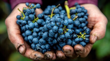 Hands holding freshly harvested ripe red grapes