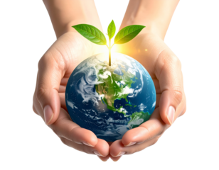 Caring Hands Holding Earth – Green Seedling Symbol of Global Sustainability PNG 