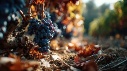 Ripe grapes hanging from vines in sunny autumn vineyard